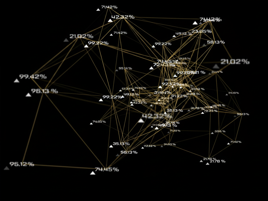 three dimensional brain map of different percentage numbers and lines connecting them together. There are a lot of connections going deep.